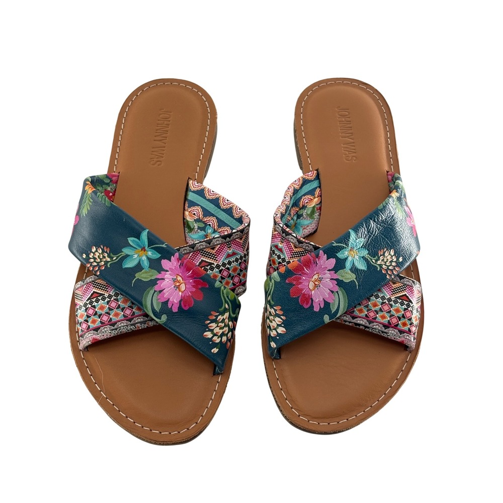 Johnny Was Sandals Slides Sonoma Floral Teal Blue Green Leather Women Size 7.5